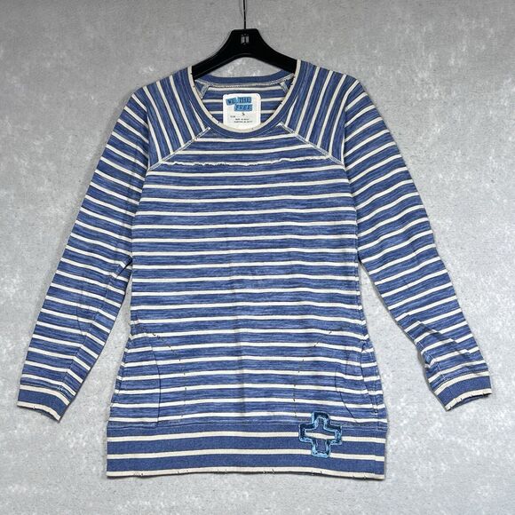 We The Free Top Womens S Blue White Stripe Tunic Distressed Pockets Cotton LS - Picture 1 of 12